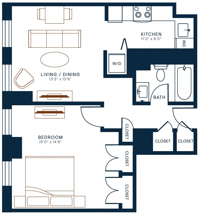 Floor plan for 1 bed, 1 bath, 699 sqft